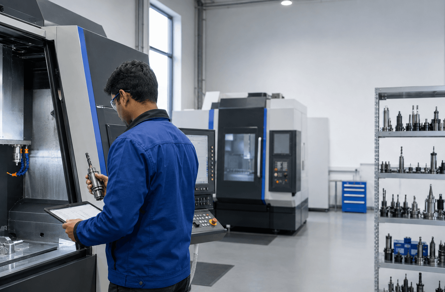 A production engineer at a CNC machining centre checking a tool holder against a job sheet