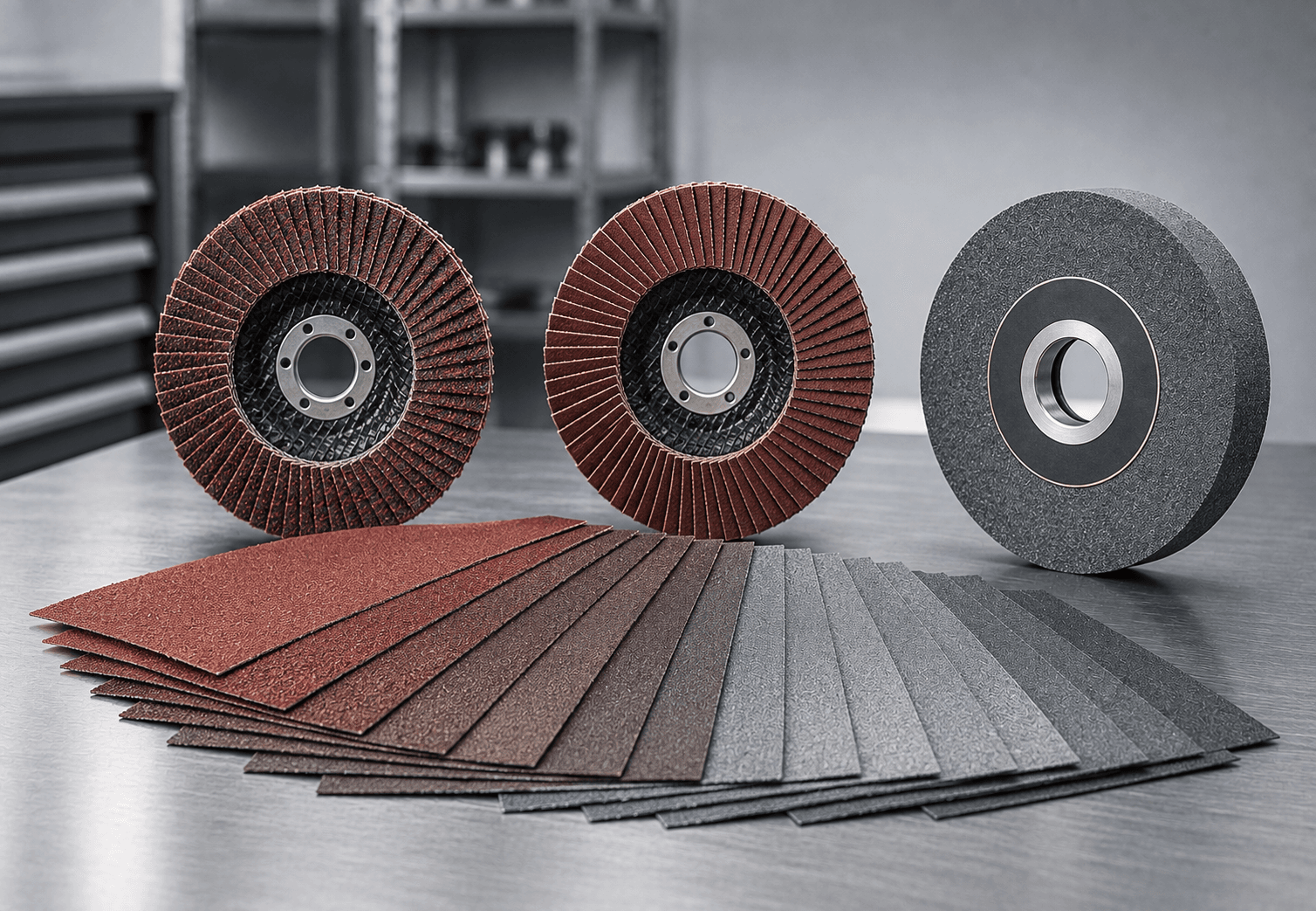 Flap discs, grinding wheel and graduated emery sheets