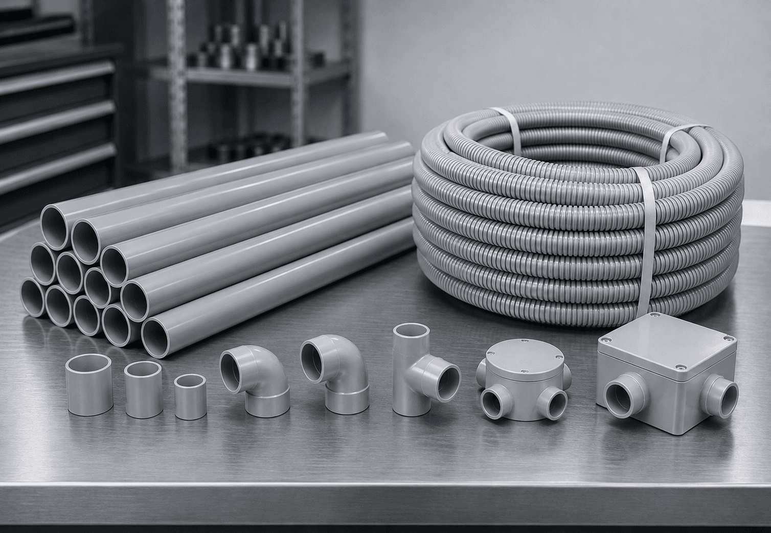 PVC conduit lengths, flexible conduit coil and fittings