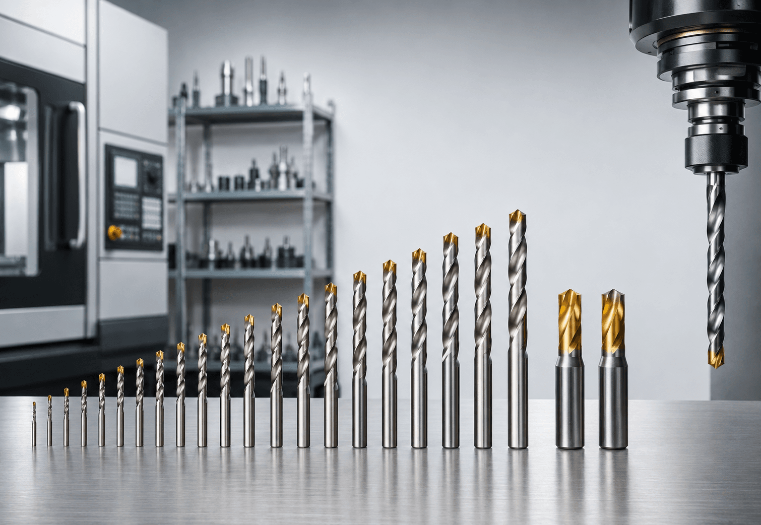Graduated row of HSS and carbide-tipped twist drill bits